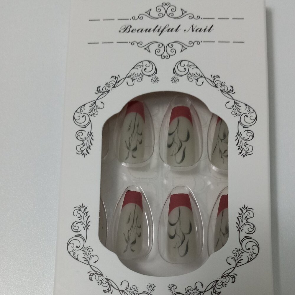 24 pcs Press on Nails, French Design, Leaves / Vine, Coffin